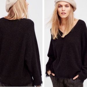 Free People Fringe Trim Oversized Black Cozy V-Neck Sweater Wool Linen